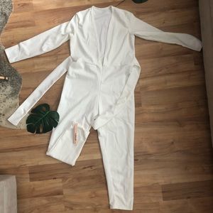 White tie front jump suit